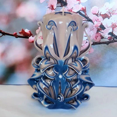 Velas talladas decoración del hogar arte hecho a mano diseño regalo tallado a mano azul crema nuevo Foto 1 de 4