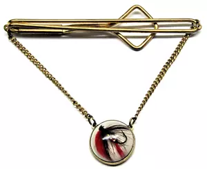 Gold Fly Fishing Tie Clip Bar Fish Lure Hook Chain Pendant Mens Vintage Wear - Picture 1 of 3