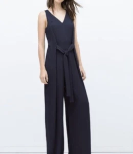 Zara Front Tie Wide Leg Navy Formal Work Sleeveless Jumpsuit XS - Picture 1 of 6