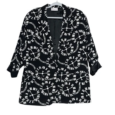 Vintage Adrianna Papell Womens Clock Graphic AOP Black White Blazer   Grunge - Image 1 of 4