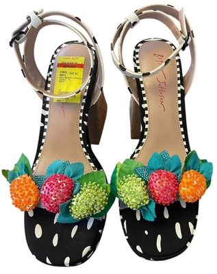 Betsey Johnson NUEVAS Sandalias de Plataforma Sprite Talla 8 Tacón de Corcho Floral Brillante B & W Foto 1 de 4