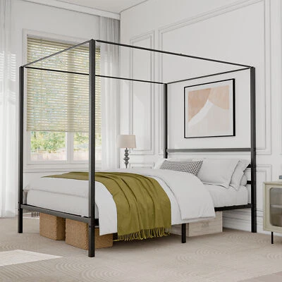 Cama con plataforma con dosel de metal con cabecero y cuatro carteles sin necesidad de resorte de caja Queen  Foto 1 de 4