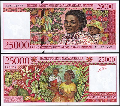 Madagascar, 25000 Francs 1998, UNC, P-82, Prefix A, Mother and Child - Image 1 of 3