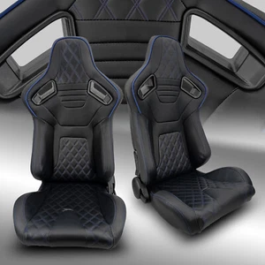 2 x Reclinable PVC Leather/Blue Strip Left/Right Racing Seats Pair W/ Slider - Picture 1 of 7