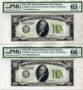 2 Consecutive $10 1934 Chicago Federal Reserve Notes DGS PMG GEM 65-66 EPQ - Picture 1 of 2
