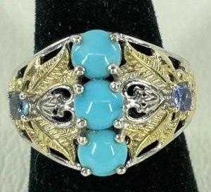 Sterling Silver Turquoise Tourmaline Ring Size 5 Gold Plated Vintage Antique - Picture 1 of 7