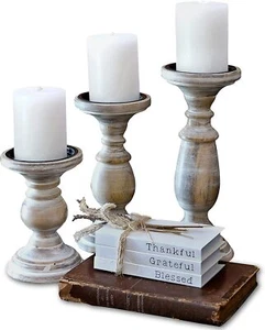 Rustic Pillar Wooden Candle Holder Set of 3 Table Centerpiece Decor Whitewashed - Picture 1 of 6