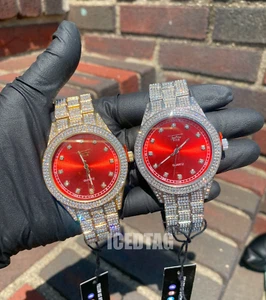 Reloj de pulsera de diamantes simulado con acabado plateado con esfera roja helada de lujo - Imagen 1 de 9