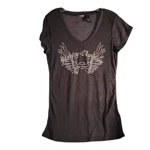 T-shirt Harley-Davidson donna nera logo ala burnout scollo a V S poliestere/rayon - Foto 1 di 5