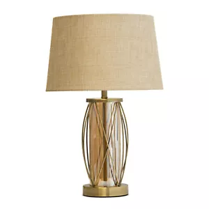 Table Lamp Ashleigh Antique Brass Amber Glass Cylinder Lantern with Beige Shade - Picture 1 of 4