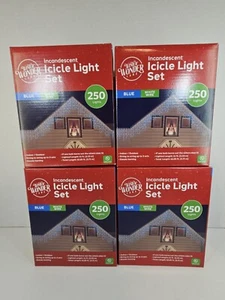 Lot of 4 Icicle Light Sets 250 Blue Lights White Wire Indoor Outdoor Xmas Decor - Picture 1 of 16
