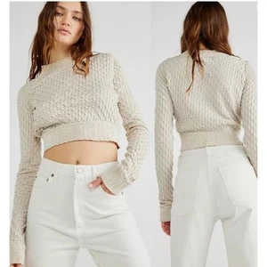 Free People Jane Crop Top Damen L Haferflocken Struktur Strick Langarm Freizeit Chic - Bild 1 von 11