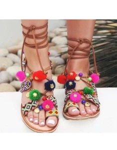 Chinese Laundry Womens Boho Leather Lace Up Beaded Pom Pom Sandals Women’s 7 - Picture 1 of 5