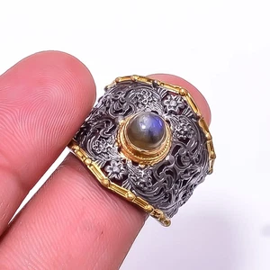 Labradorita - Anillo de plata de ley 925 enchapado en oro y negro de Madagascar s.9.5 Su12 - Imagen 1 de 2