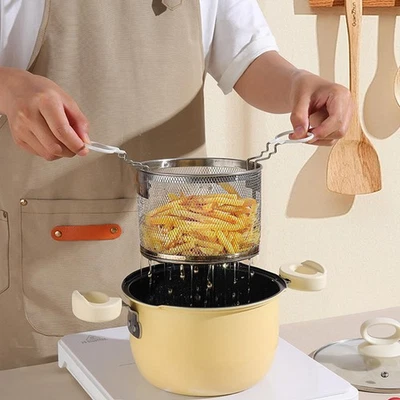 Olla pequeña para freír con cesta para freír cesta coladora de aceite para anillos de cebolla Foto 1 de 2