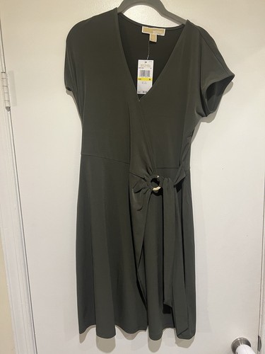 Abito Michael Kors donna M verde vestito avvolgente elasticizzato elegante sopra il ginocchio nuovo con etichetta