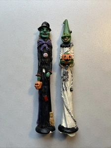 Halloween Hexe & Ghul mit Kürbis dünner Bleistift Resin Figuren Vintage - Bild 1 von 19