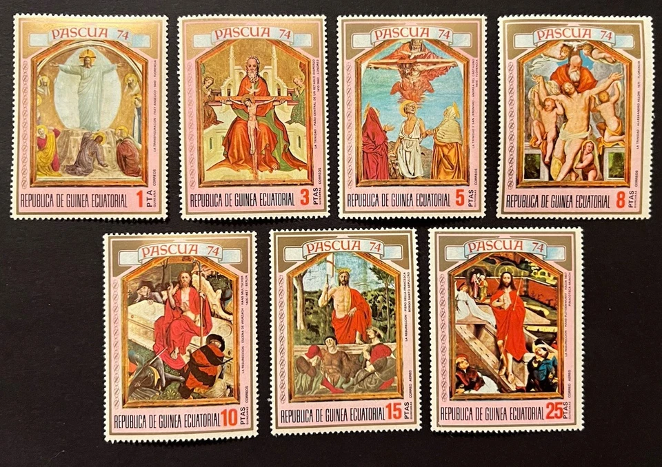 Sellos de viaje: estampillas de Guinea Ecuatorial de 1974 Scott #521-527 - Pascua como nuevas MNH OG Foto 1 de 4