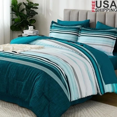 Juego de edredón California King 7 piezas ropa de cama a rayas microfibra suave fácil cuidado Foto 1 de 4