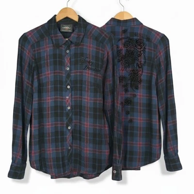 Harley-Davidson женщин S мотоциклиста гранж гот Y2K рокер бархата клетку на пуговицах - Изображение 1 из 4