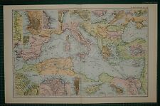 1905 ANTIQUE MAP ~ MEDITERRANEAN SEA TURKEY ALGERIA ITALY GREECE CYPRUS MALTA
