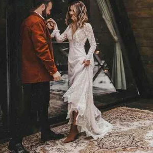 Sexy V-neck Bohemian Wedding Dress Long Sleeve Lace Backless A-line Bride Dress - Picture 1 of 10