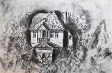 1995 Landscape House Charcoal Painting Signed