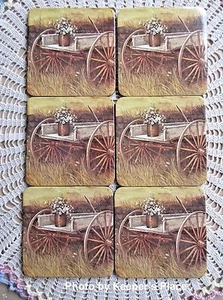 6 rustikale Landhaus Bauernhof Wagen Untersetzer mit Blumen Kork Rückseite Neu - Bild 1 von 3