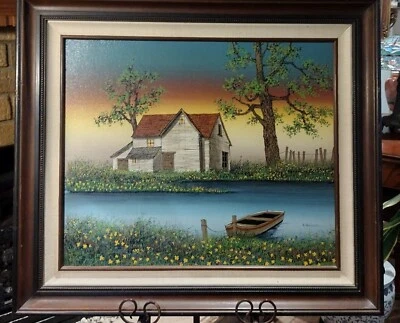 H. Hargrove 1984 Original Oil Painting "Lakehouse." Artist signed.  - Image 1 of 4