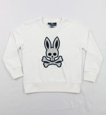 Sudadera Psycho Bunny Niños Blanca 5-6 XS Terry Azul Marino Plata Bordada Cuello Redondo Foto 1 de 4