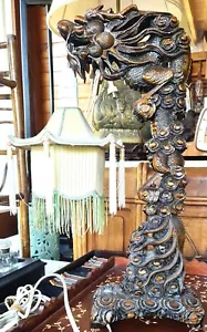 Chinese ~ DRAGON TABLE LAMP ~ Antique Hardwood, Electrified, Original Shade RARE - Picture 1 of 4
