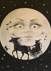 ACEO PRINT OF PAINTING RYTA HALLOWEEN SALEM WITCH BLACK CAT MOON HORSE ART Folk - Picture 1 of 1