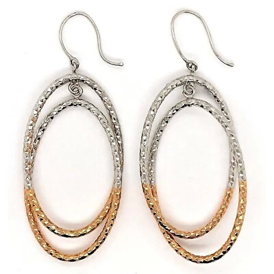 Italian 14k Two Tone Gold Hollow Diamond Cut Oval Dangle Earrings 2.4" 4.5 grams - Image 1 of 4