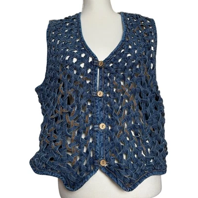 Vintage Western Denim Crochet Vest Women's XL Blue Boho Tie Back - Image 1 of 4
