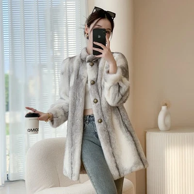 Women's Mink Fur Coat Long Warm Mink Fur Winter Fashion Stand Up Collar Jackets - Image 1 of 4