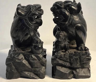 Chinese Foo Dogs-Lions Matched Pair Female with CUB Male with Ball Obsidian - Image 1 of 4