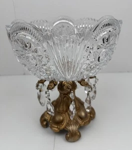 Vintage Crystal & Brass Large Ornate Round Pedestal Cut Glass Compote Decor - Picture 1 of 16