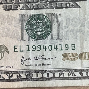 April 19 1994 Fancy Serial Number Date Twenty Dollar Bill Note Birthday Gift - Picture 1 of 7