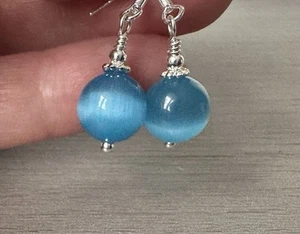Blue Cat’s Eye Earrings 925 Sterling Silver Earrings Dangle Gemstones Earrings - Picture 1 of 10
