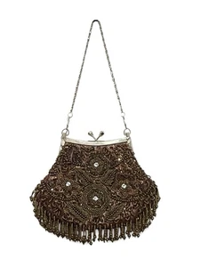 Vintage Style Brown Beaded Evening Bag w/ Chain Strap Kiss Clasp - Picture 1 of 11