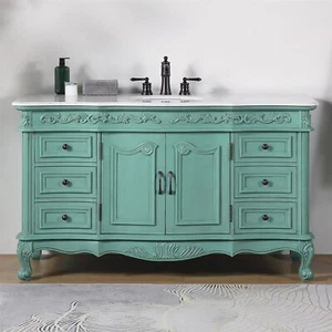 60" Carrara White Marble Top Single Sink Bathroom Vanity Vintage Green Cabinet - Picture 1 of 6