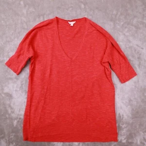 Eileen Fisher Orange V Neck Short SLeeve Organic Cotton Linen Sweater size Large - Picture 1 of 6