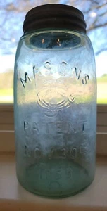 Antique MASON'S CFJ Co Patent Nov 30th 1858 Jar Zinc Lid Aqua Blue Quart Jar vtg - Picture 1 of 8