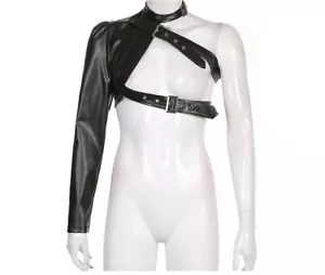 New Women Tops Pu Leather Buckle Belt Single Sleeve Asymmetric Punk Club Party - Picture 1 of 14