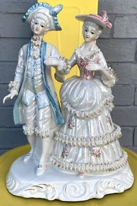 Large Statuette Lace Figurine Victorian Couple Marquis Ceramic Porcelain Vintage - Picture 1 of 14
