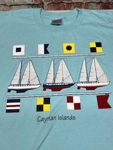 Vinyage Cayman Islands T Shirt Large 90’s Single Stitch Sailboats Light Blue - Picture 1 of 7