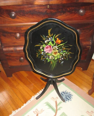 TILT TOP Tea Table Antique FRENCH COUNTRY Hand Painted Wood Candlestand Table - Image 1 of 4