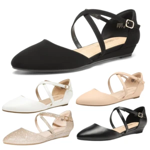 Women Ankle Strap Pointed Toe Low Wedge Heel Comfortable Dress Flat Shoes - Picture 1 of 21