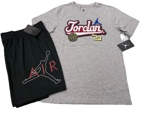 NWT NIKE AIR JORDAN BOY'S 2 PC SET GRAY SHORT SLEEVE MESH SHORTS BLACK L 12-13 - Picture 1 of 4