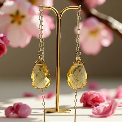 Vintage Estate 14k Yellow Gold Citrine Pear Briolette Dangle Threader Earrings - Image 1 of 4